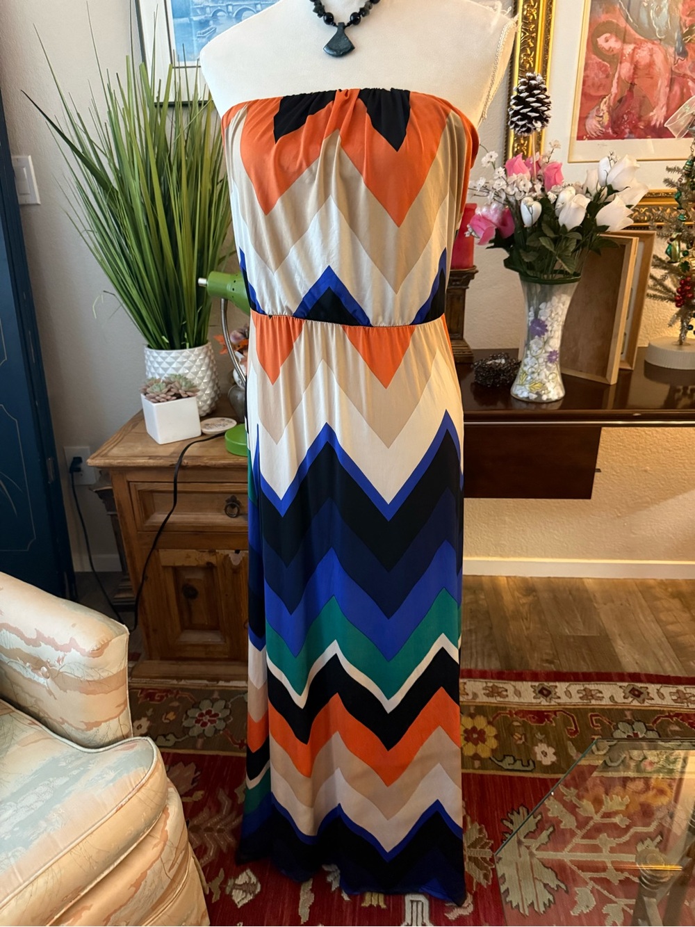 a'gaci Strapless Chevron Maxi Dress in Orange, Blue & Green